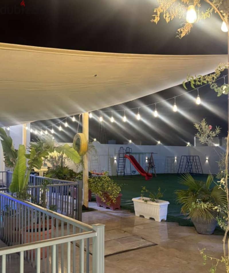 Shaded patio beside the children's lawn