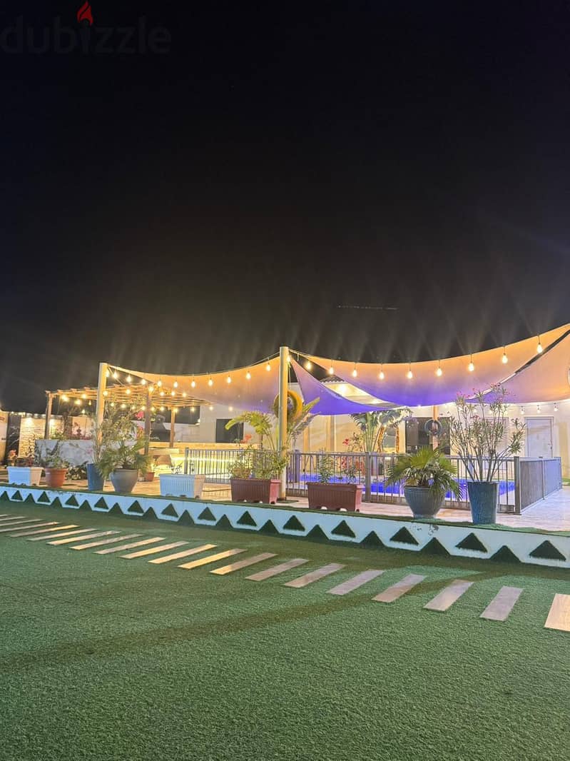 The Camel Sent The Rooster To The Chalet garden and illuminated pool area at night